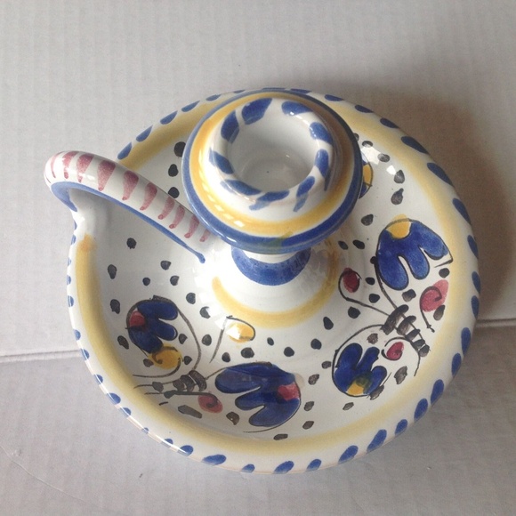 Italian Pottery Deruta Michelangelo Candleholder w Handle blue flowers design - Picture 5 of 5